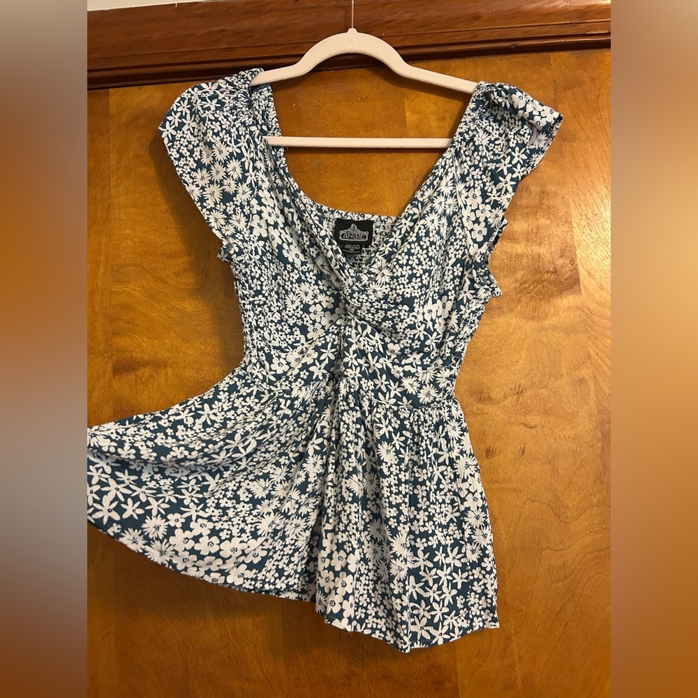 Angie Blue and White Floral Twist-Front Top